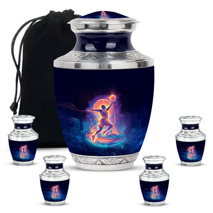 Midnight Black Basketball Cremation Urn lifestyle display on memorial shelf - stylized abstract basketball pattern with bold lines - memorial set with one large and four small urns