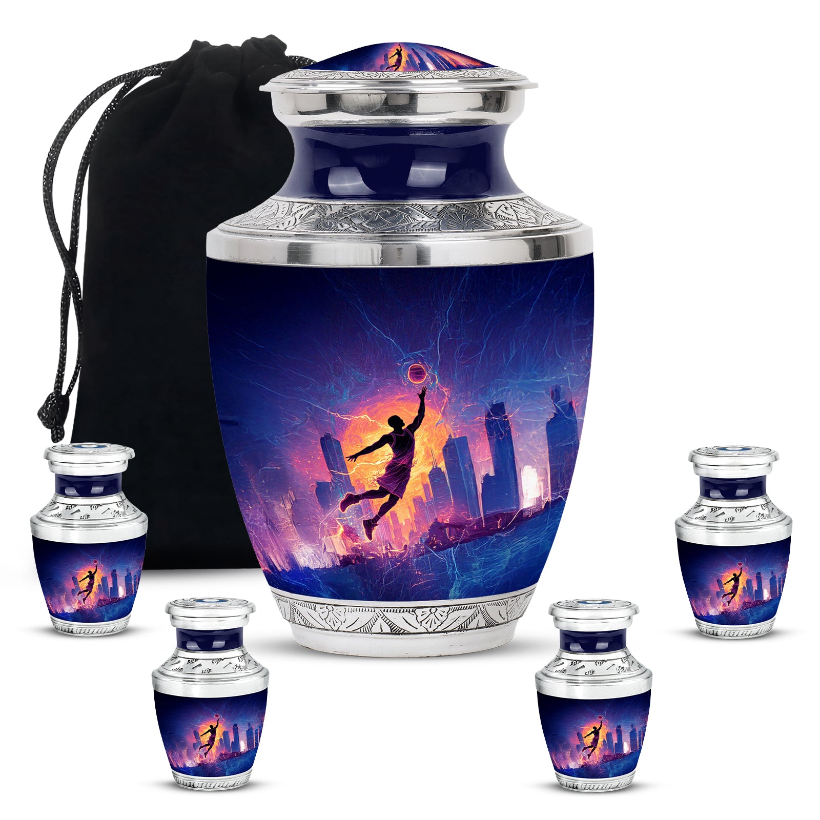 Onyx Black Basketball Cremation Urn lifestyle display on memorial shelf - artistic basketball interpretation with creative detail - memorial set with one large and four small urns