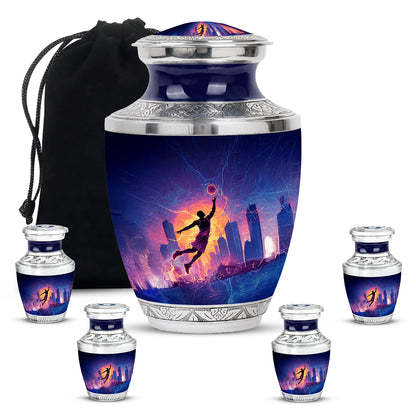 Onyx Black Basketball Cremation Urn lifestyle display on memorial shelf - artistic basketball interpretation with creative detail - memorial set with one large and four small urns