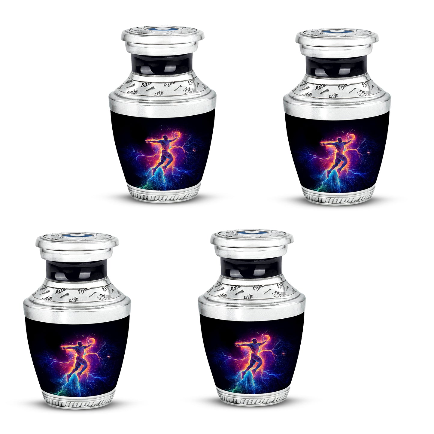 Rich Black Basketball Cremation Urn back view with polished surface - modern art-inspired basketball motif on sleek aluminum - 10 inch aluminum urn for cremated remains