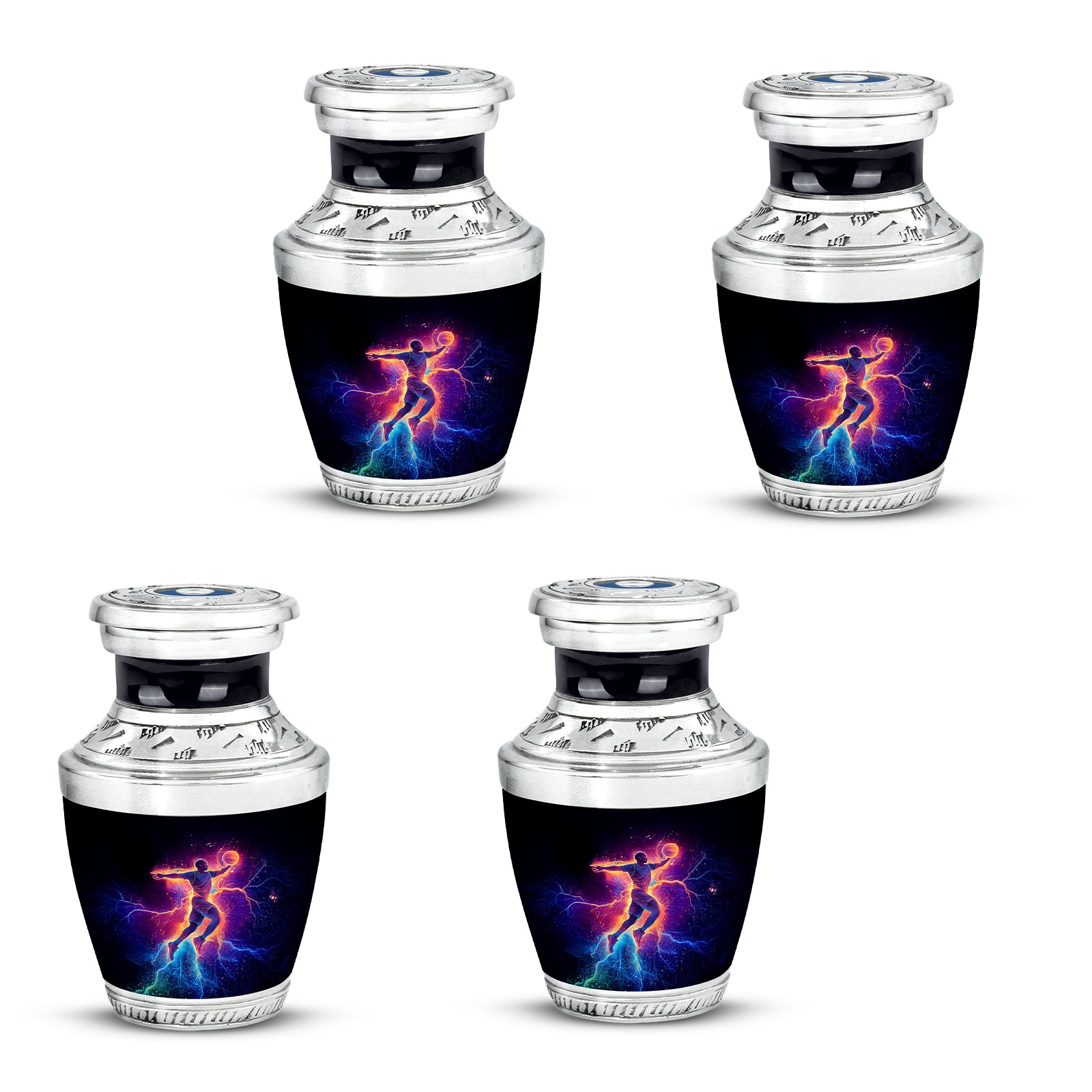 Rich Black Basketball Cremation Urn back view with polished surface - modern art-inspired basketball motif on sleek aluminum - 10 inch aluminum urn for cremated remains