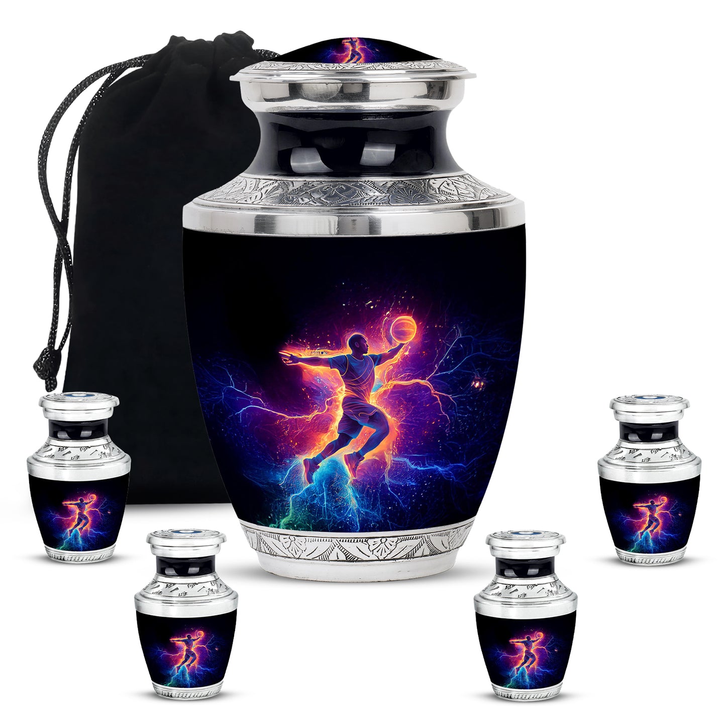 Rich Black Basketball Cremation Urn lifestyle display on memorial shelf - modern art-inspired basketball motif on sleek aluminum - memorial set with one large and four small urns