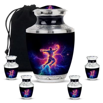 Rich Black Basketball Cremation Urn lifestyle display on memorial shelf - modern art-inspired basketball motif on sleek aluminum - memorial set with one large and four small urns
