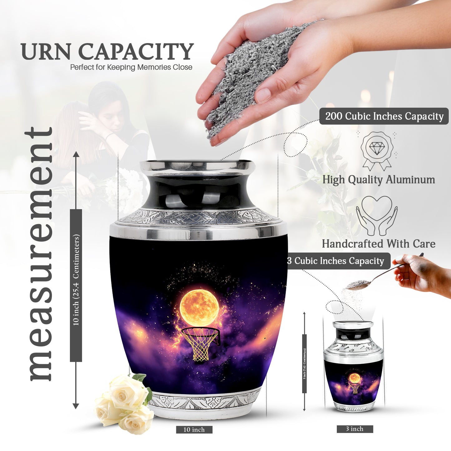 Charcoal Black Basketball Cremation Urn top-down view of secure threaded lid - artistic basketball interpretation with creative detail - mini keepsake memorial for portion of cremation ashes