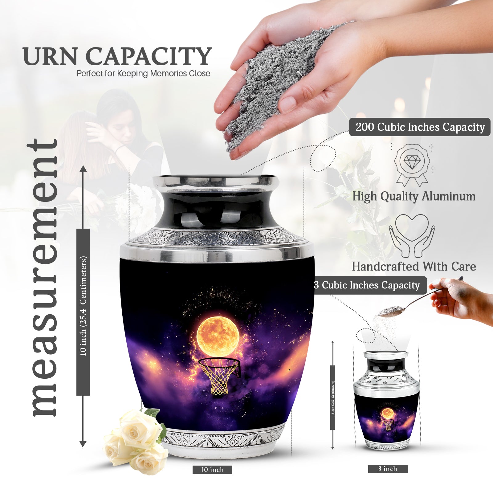 Charcoal Black Basketball Cremation Urn top-down view of secure threaded lid - artistic basketball interpretation with creative detail - mini keepsake memorial for portion of cremation ashes