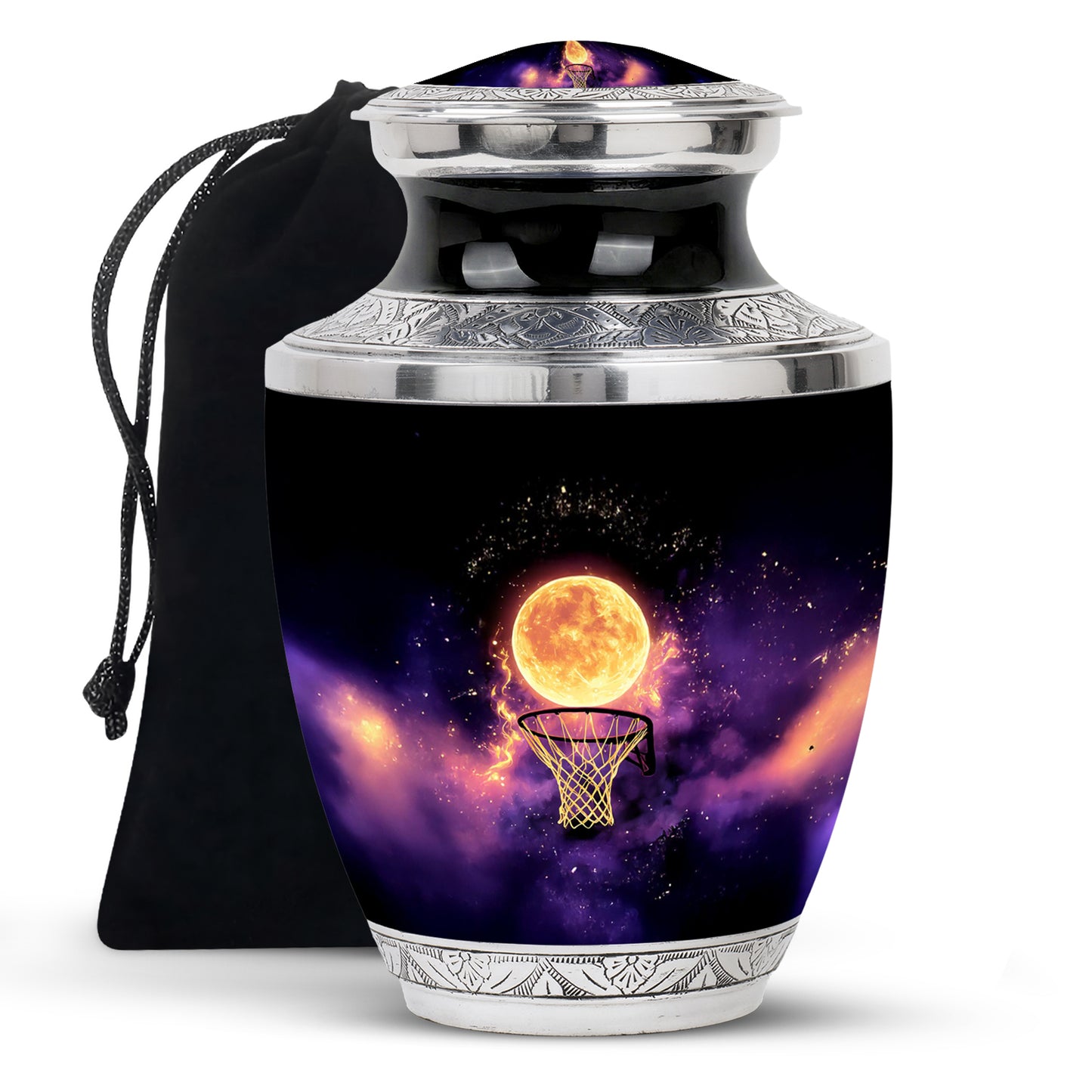 Onyx Black Basketball Cremation Urn side profile showing urn shape - artistic basketball interpretation with creative detail - full-size 10 inch 200 cubic inch adult cremation urn