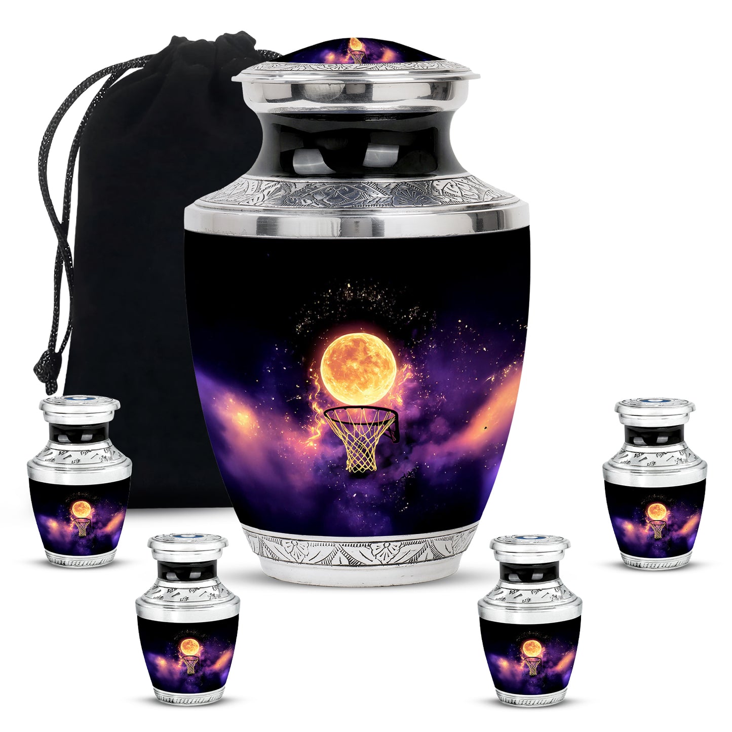 Midnight Black Basketball Cremation Urn lifestyle display on memorial shelf - artistic basketball interpretation with creative detail - memorial set with one large and four small urns