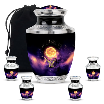 Midnight Black Basketball Cremation Urn lifestyle display on memorial shelf - artistic basketball interpretation with creative detail - memorial set with one large and four small urns
