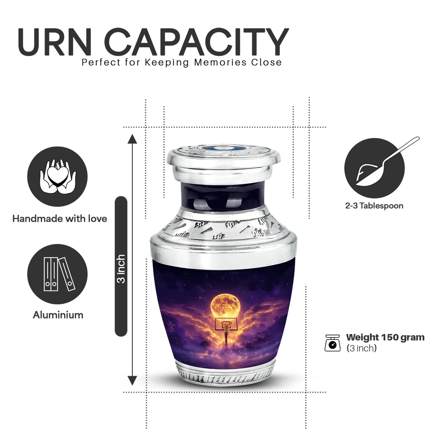 Navy Blue Basketball Cremation Urn top-down view of secure threaded lid - contemporary basketball design with modern artistic flair - mini keepsake memorial for portion of cremation ashes