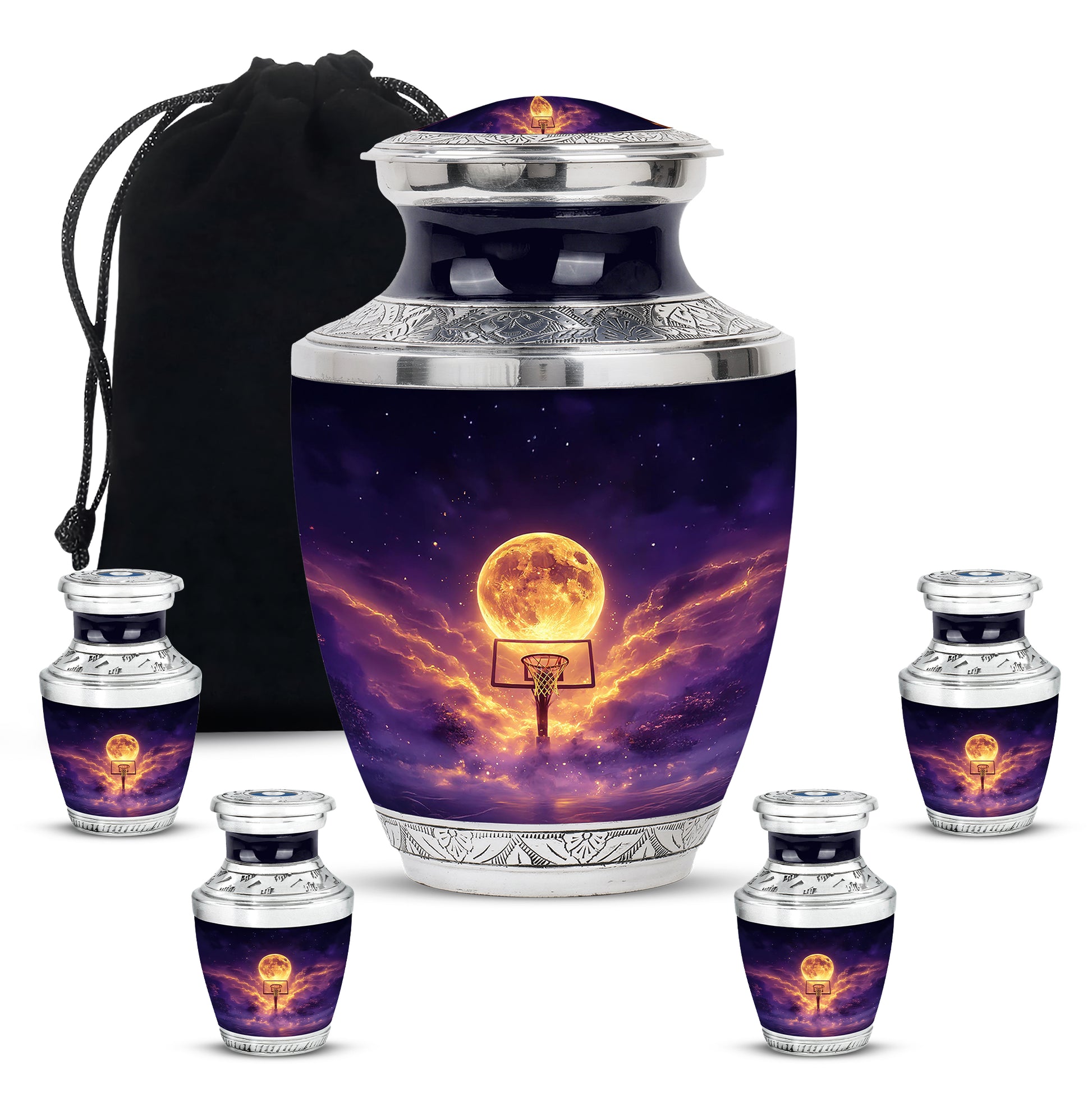 Azure Basketball Cremation Urn lifestyle display on memorial shelf - modern art-inspired basketball motif on sleek aluminum - memorial set with one large and four small urns