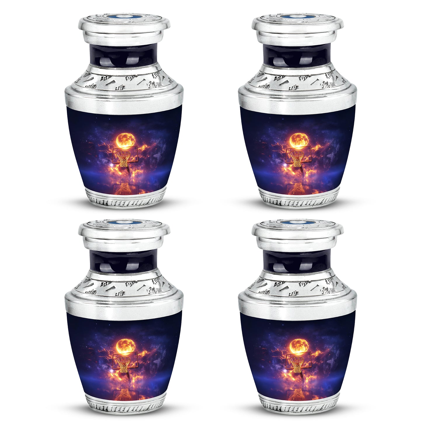 Dusty Blue Basketball Cremation Urn back view with polished surface - modern art-inspired basketball motif on sleek aluminum - 10 inch aluminum urn for cremated remains