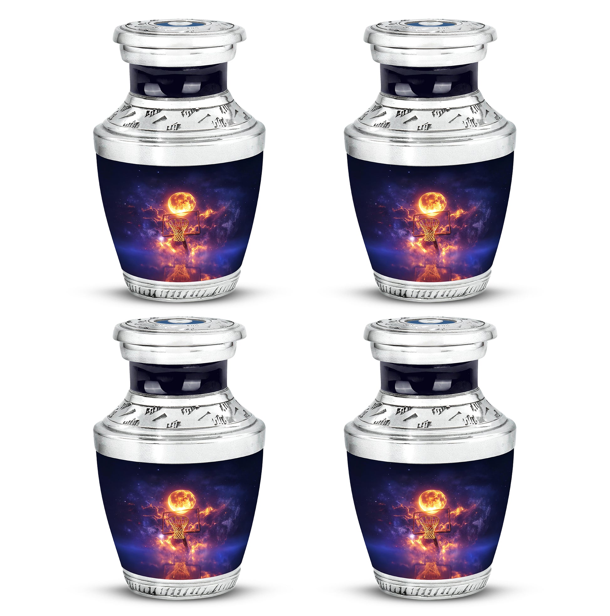 Dusty Blue Basketball Cremation Urn back view with polished surface - modern art-inspired basketball motif on sleek aluminum - 10 inch aluminum urn for cremated remains