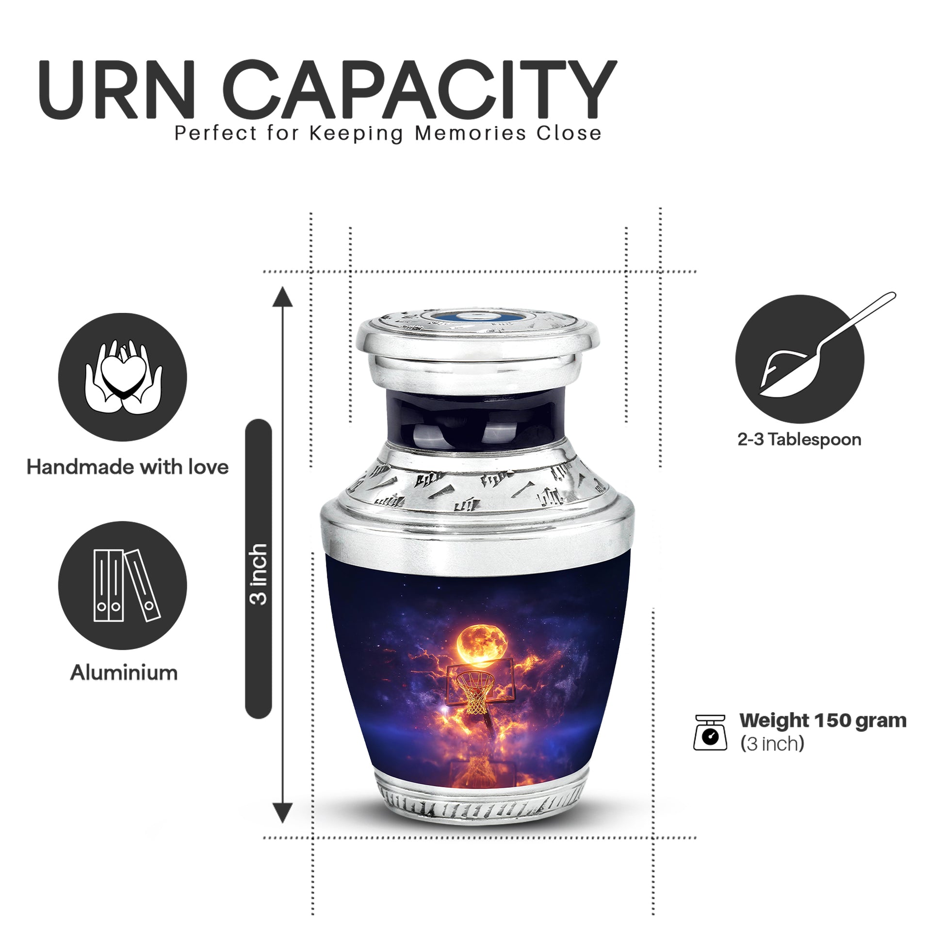 Bright Blue Basketball Cremation Urn top-down view of secure threaded lid - artistic basketball interpretation with creative detail - mini keepsake memorial for portion of cremation ashes