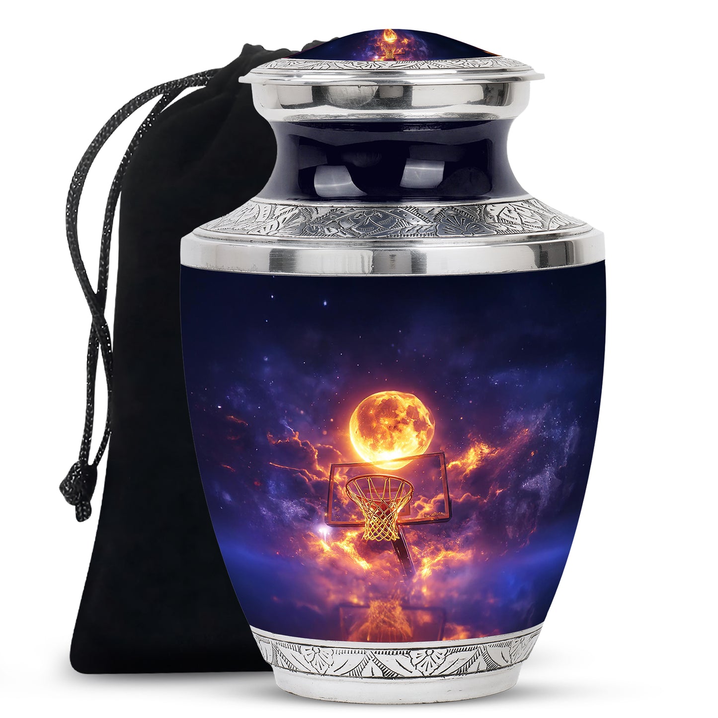 Slate Blue Basketball Cremation Urn side profile showing urn shape - modern art-inspired basketball motif on sleek aluminum - full-size 10 inch 200 cubic inch adult cremation urn