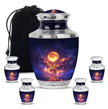 Navy Blue Basketball Cremation Urn lifestyle display on memorial shelf - modern art-inspired basketball motif on sleek aluminum - memorial set with one large and four small urns