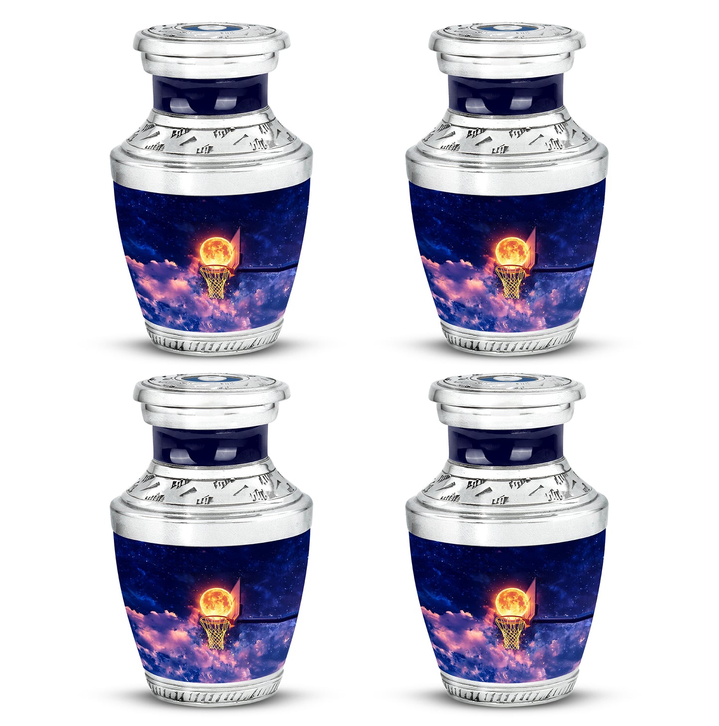 Azure Basketball Cremation Urn back view with polished surface - modern art-inspired basketball motif on sleek aluminum - 10 inch aluminum urn for cremated remains