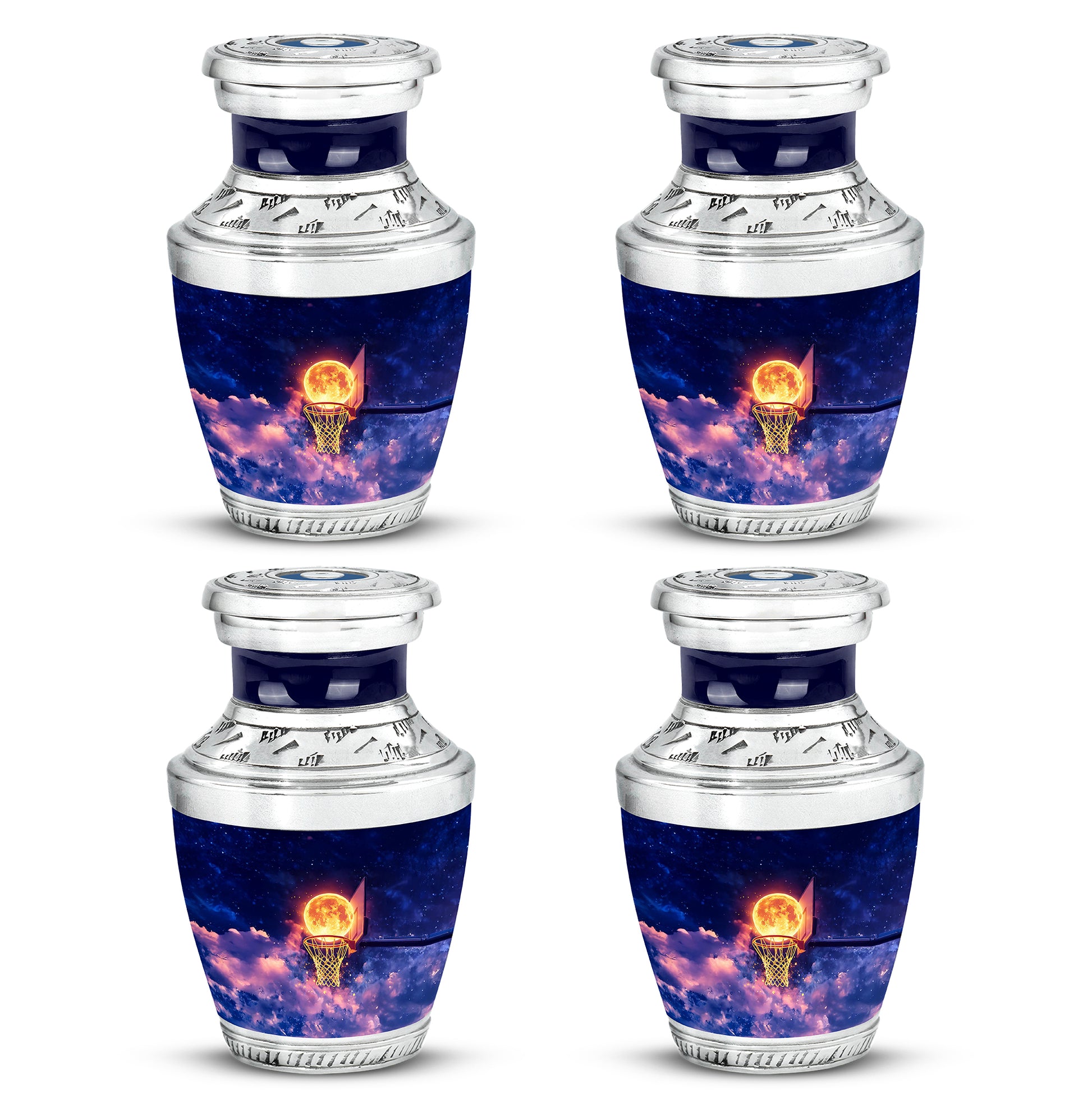 Azure Basketball Cremation Urn back view with polished surface - modern art-inspired basketball motif on sleek aluminum - 10 inch aluminum urn for cremated remains