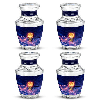 Azure Basketball Cremation Urn back view with polished surface - modern art-inspired basketball motif on sleek aluminum - 10 inch aluminum urn for cremated remains