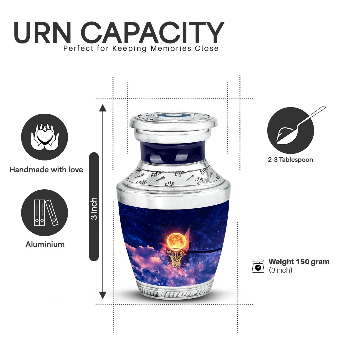 Twilight Blue Basketball Cremation Urn top-down view of secure threaded lid - stylized abstract basketball pattern with bold lines - mini keepsake memorial for portion of cremation ashes