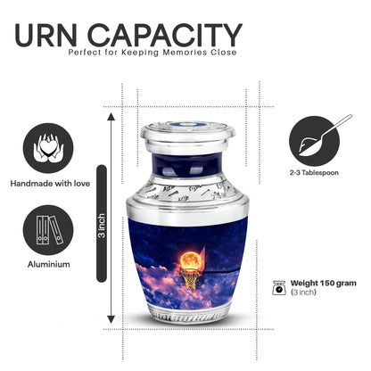 Twilight Blue Basketball Cremation Urn top-down view of secure threaded lid - stylized abstract basketball pattern with bold lines - mini keepsake memorial for portion of cremation ashes