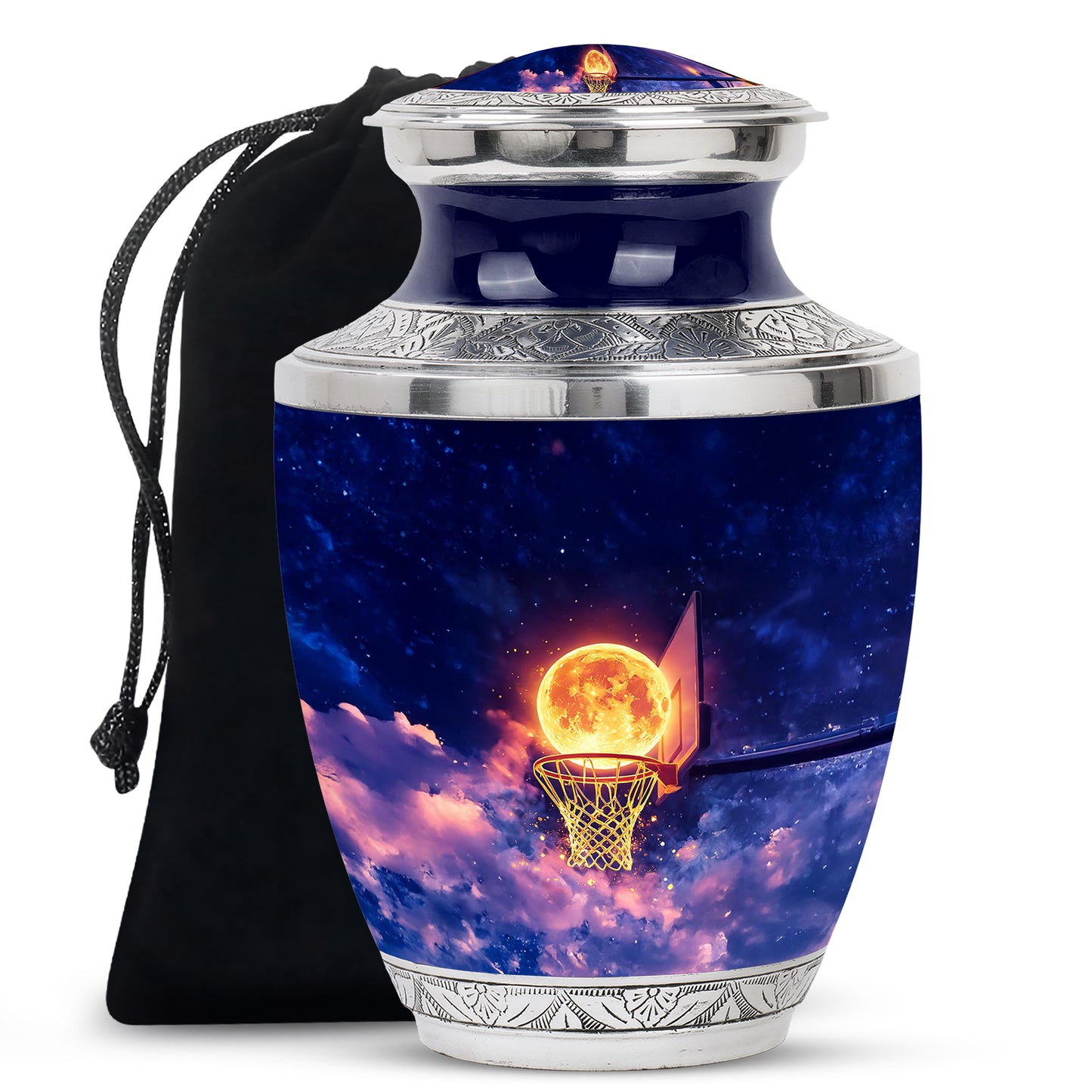 Calming Blue Basketball Cremation Urn side profile showing urn shape - artistic basketball interpretation with creative detail - full-size 10 inch 200 cubic inch adult cremation urn