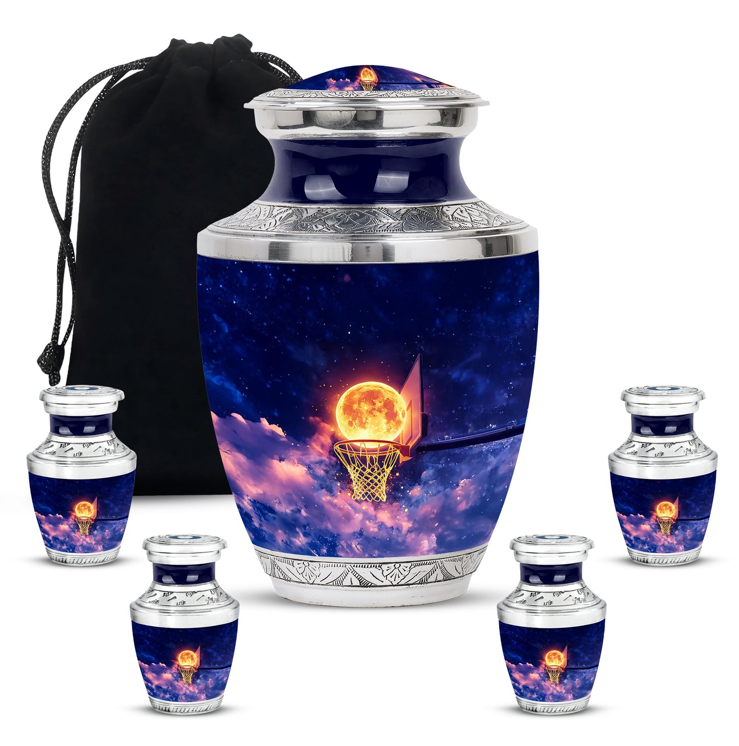 Dusty Blue Basketball Cremation Urn lifestyle display on memorial shelf - modern art-inspired basketball motif on sleek aluminum - memorial set with one large and four small urns