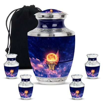Dusty Blue Basketball Cremation Urn lifestyle display on memorial shelf - modern art-inspired basketball motif on sleek aluminum - memorial set with one large and four small urns