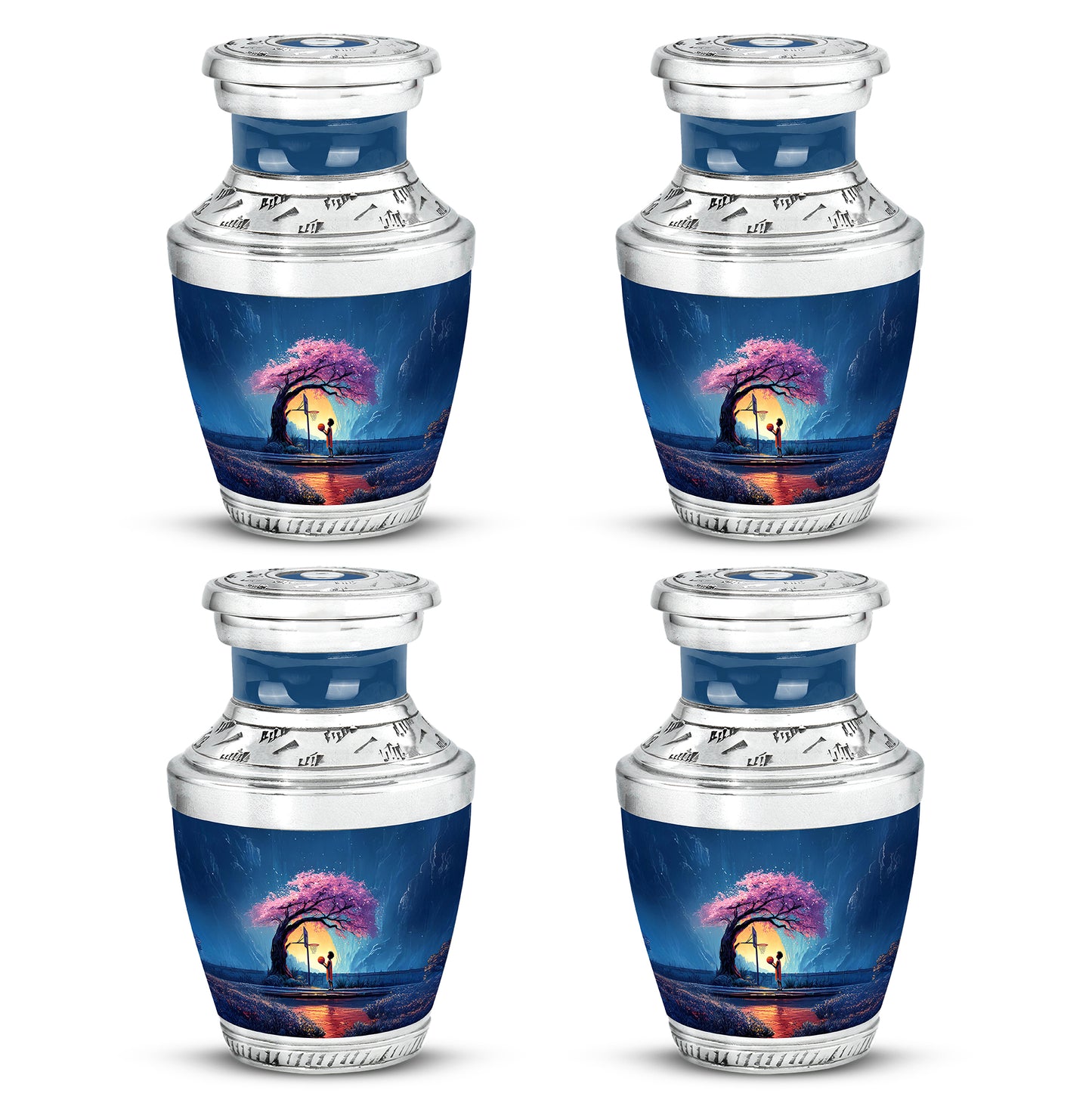 Cornflower Blue Basketball Cremation Urn back view with polished surface - artistic basketball interpretation with creative detail - 10 inch aluminum urn for cremated remains