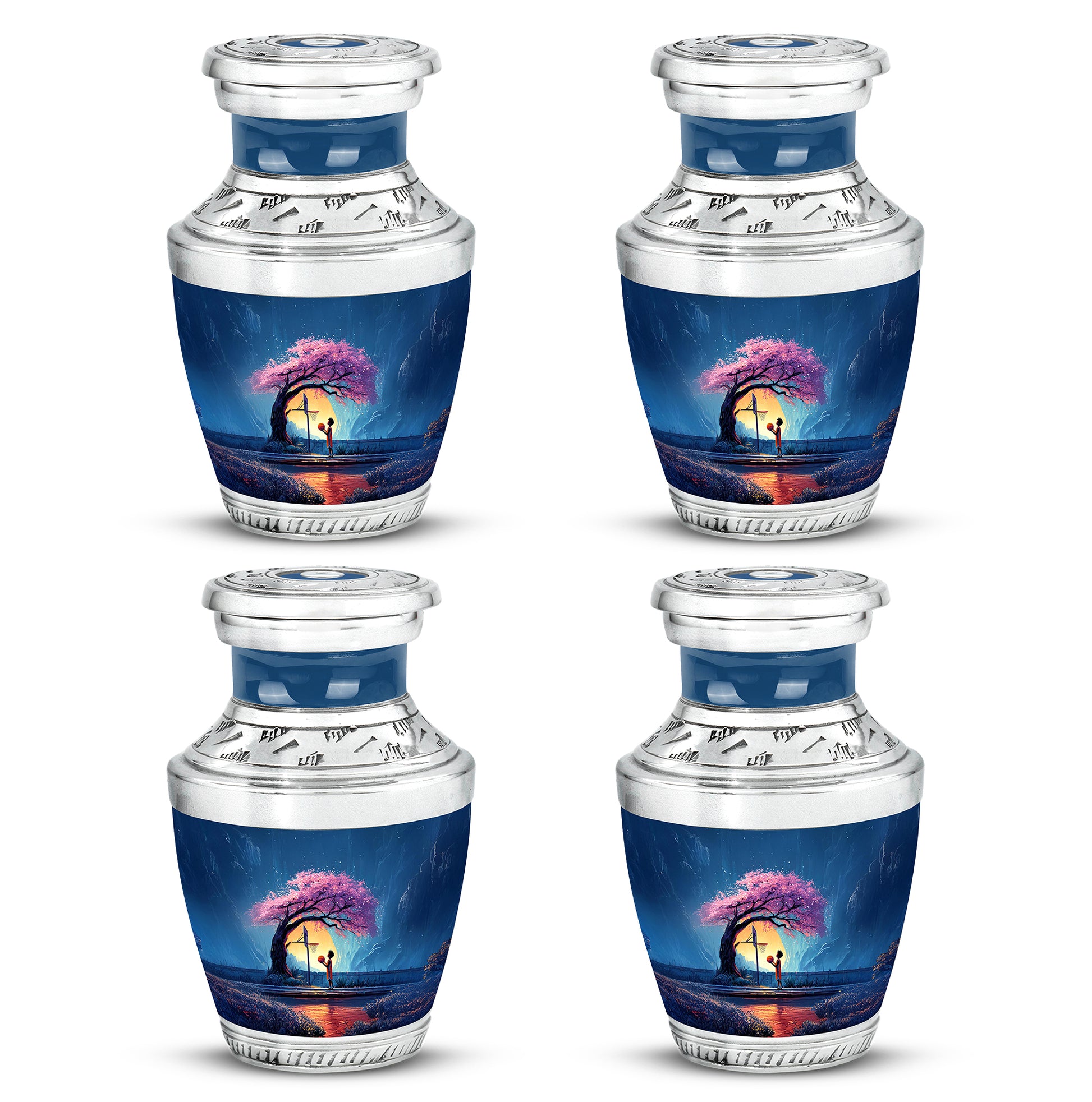Cornflower Blue Basketball Cremation Urn back view with polished surface - artistic basketball interpretation with creative detail - 10 inch aluminum urn for cremated remains