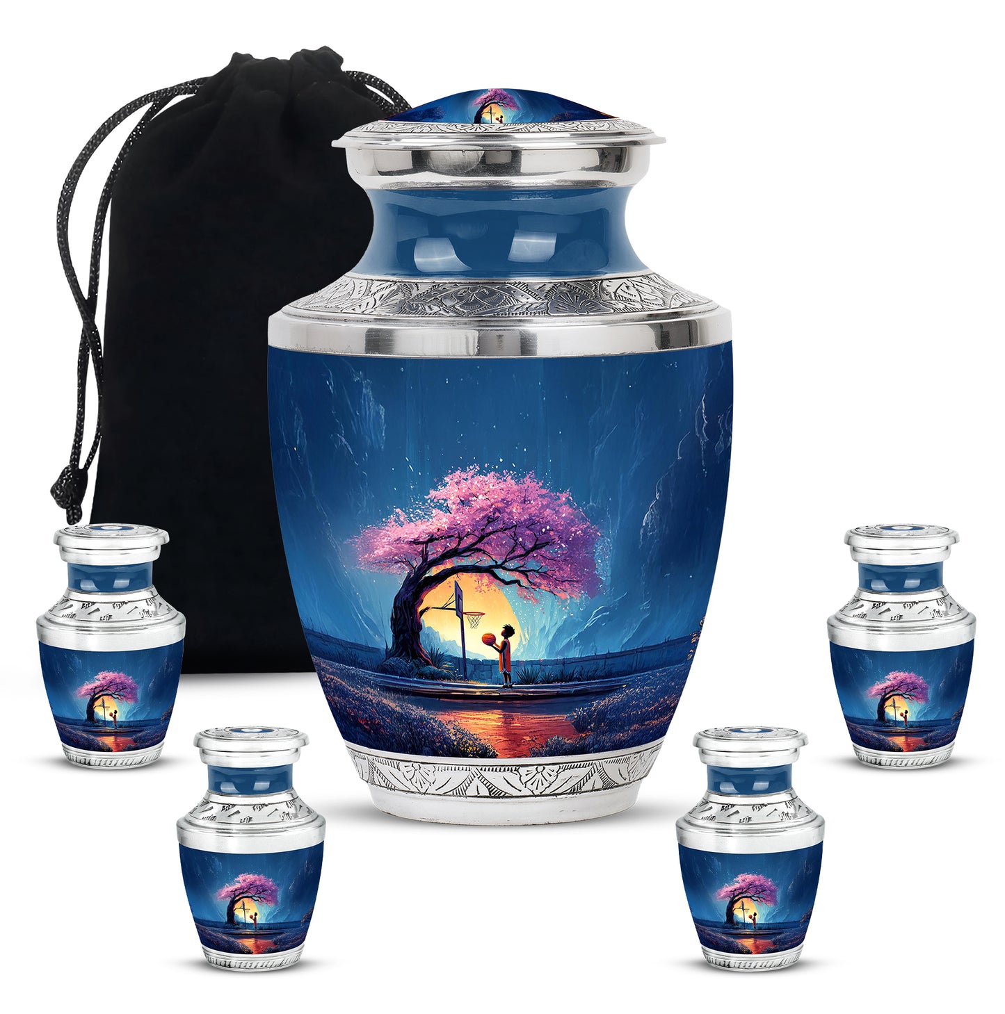 Sapphire Blue Basketball Cremation Urn lifestyle display on memorial shelf - artistic basketball interpretation with creative detail - memorial set with one large and four small urns