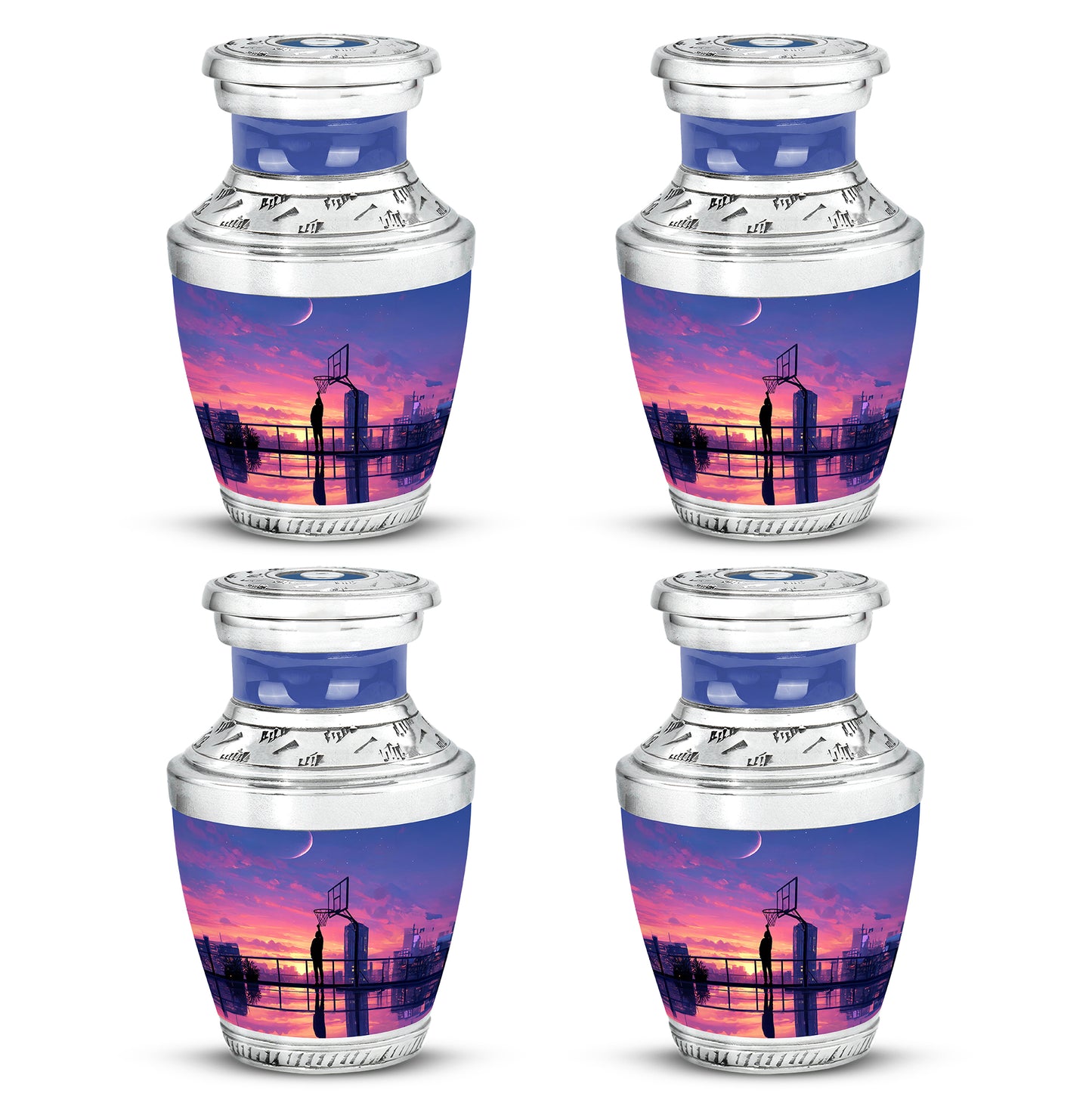 Indigo Basketball Cremation Urn back view with polished surface - modern art-inspired basketball motif on sleek aluminum - 10 inch aluminum urn for cremated remains