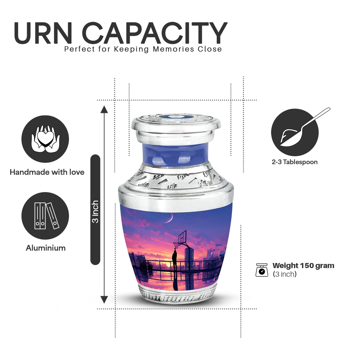 Cornflower Blue Basketball Cremation Urn top-down view of secure threaded lid - artistic basketball interpretation with creative detail - mini keepsake memorial for portion of cremation ashes