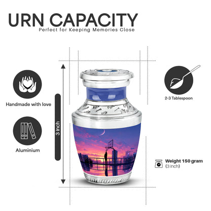 Cornflower Blue Basketball Cremation Urn top-down view of secure threaded lid - artistic basketball interpretation with creative detail - mini keepsake memorial for portion of cremation ashes