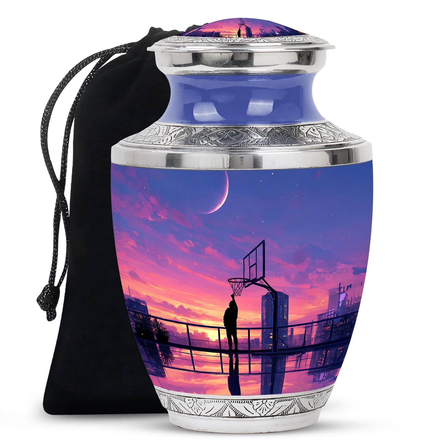 Royal Blue Basketball Cremation Urn side profile showing urn shape - stylized abstract basketball pattern with bold lines - full-size 10 inch 200 cubic inch adult cremation urn