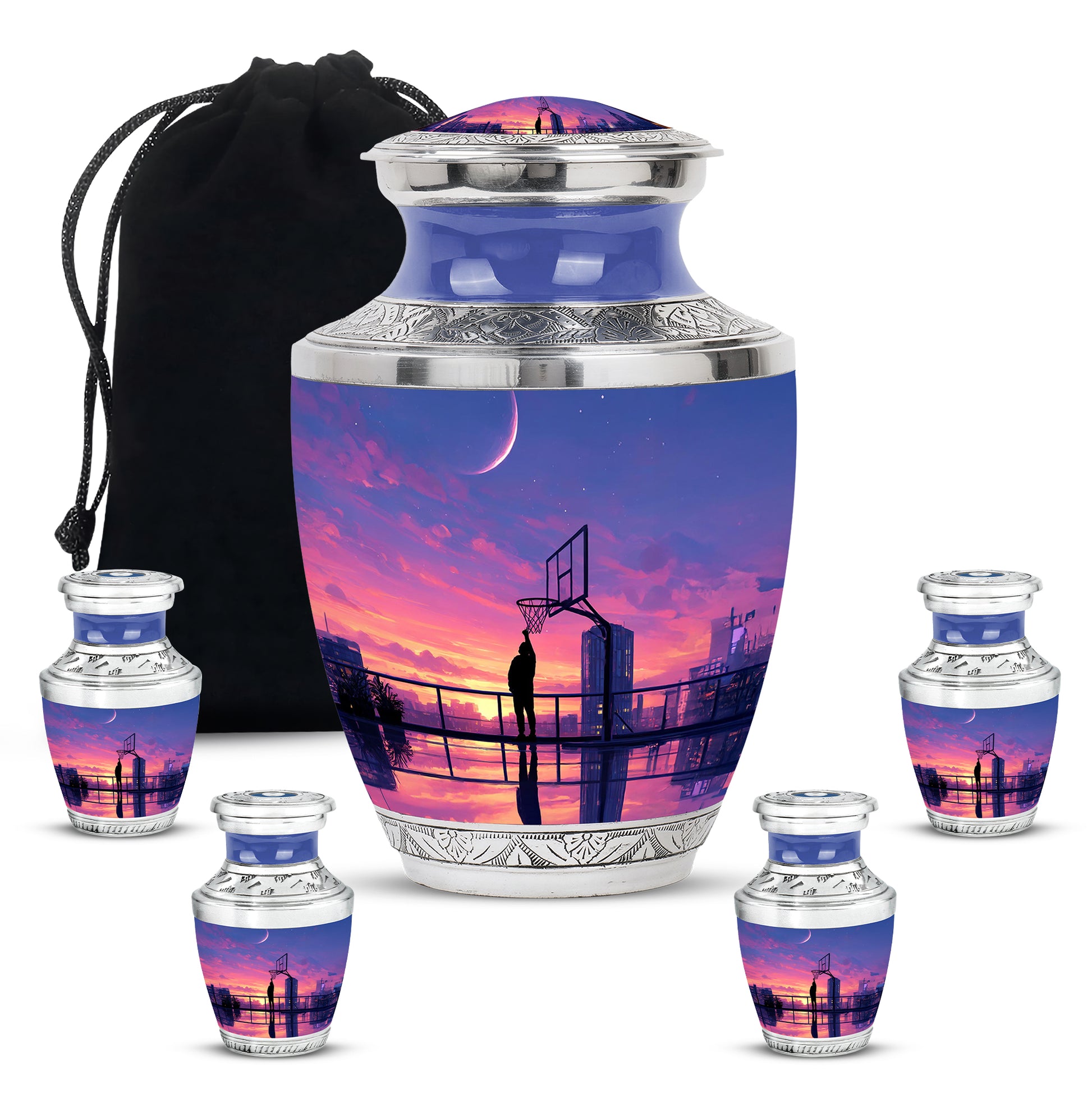 Cobalt Blue Basketball Cremation Urn lifestyle display on memorial shelf - artistic basketball interpretation with creative detail - memorial set with one large and four small urns