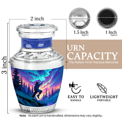 Celestial Blue Basketball Cremation Urn top-down view of secure threaded lid - modern art-inspired basketball motif on sleek aluminum - mini keepsake memorial for portion of cremation ashes