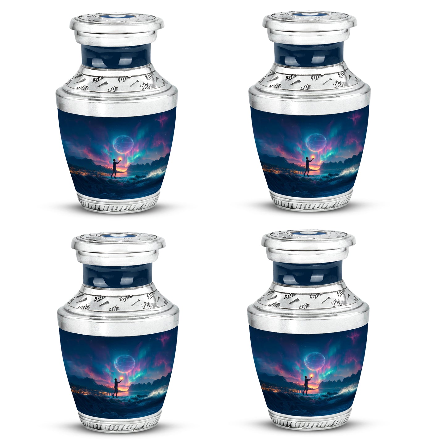 Royal Blue Basketball Cremation Urn back view with polished surface - stylized abstract basketball pattern with bold lines - 10 inch aluminum urn for cremated remains