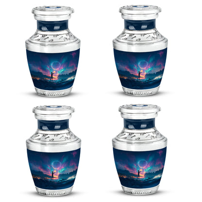 Royal Blue Basketball Cremation Urn back view with polished surface - stylized abstract basketball pattern with bold lines - 10 inch aluminum urn for cremated remains
