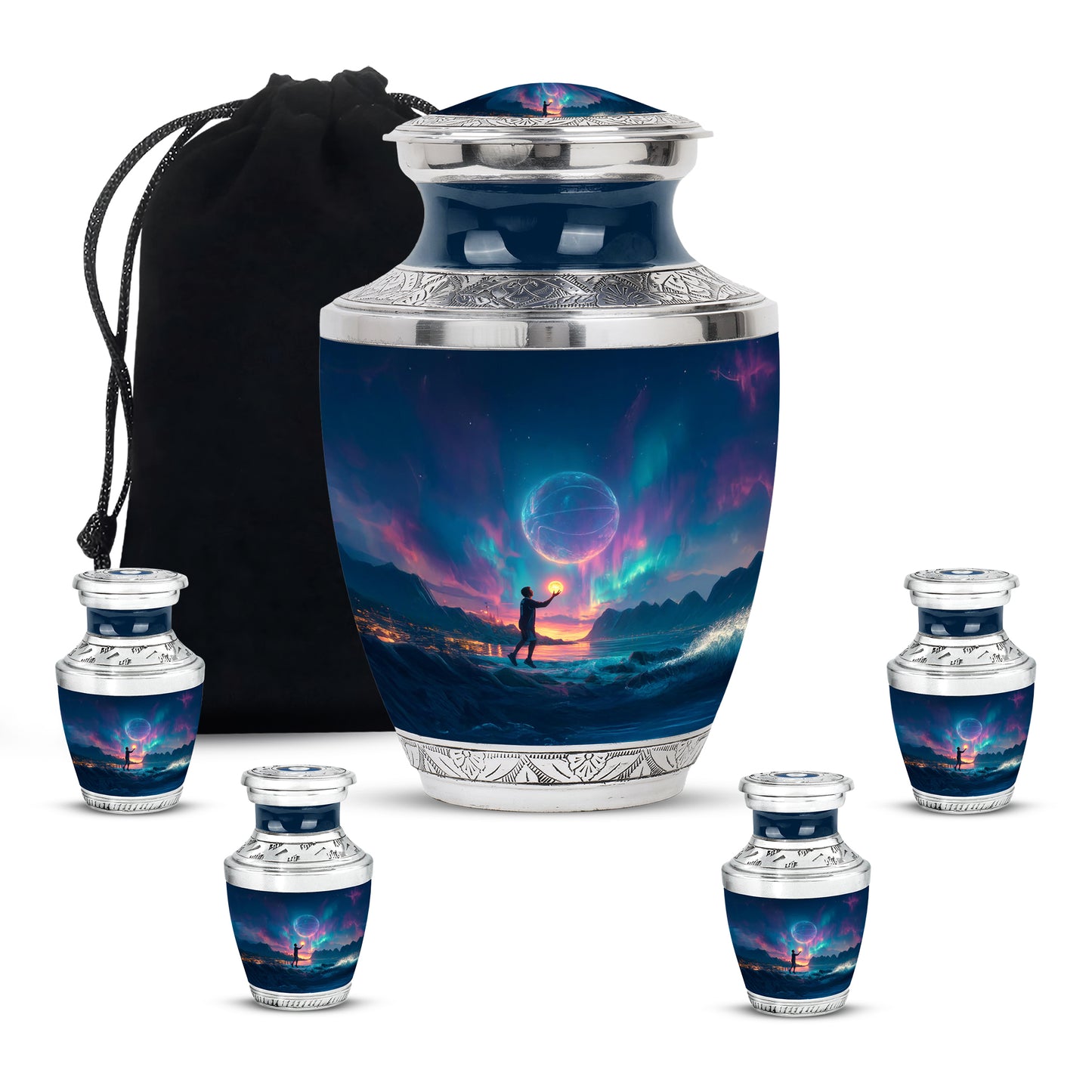 Soft Blue Basketball Cremation Urn lifestyle display on memorial shelf - artistic basketball interpretation with creative detail - memorial set with one large and four small urns