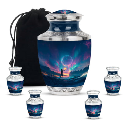 Soft Blue Basketball Cremation Urn lifestyle display on memorial shelf - artistic basketball interpretation with creative detail - memorial set with one large and four small urns