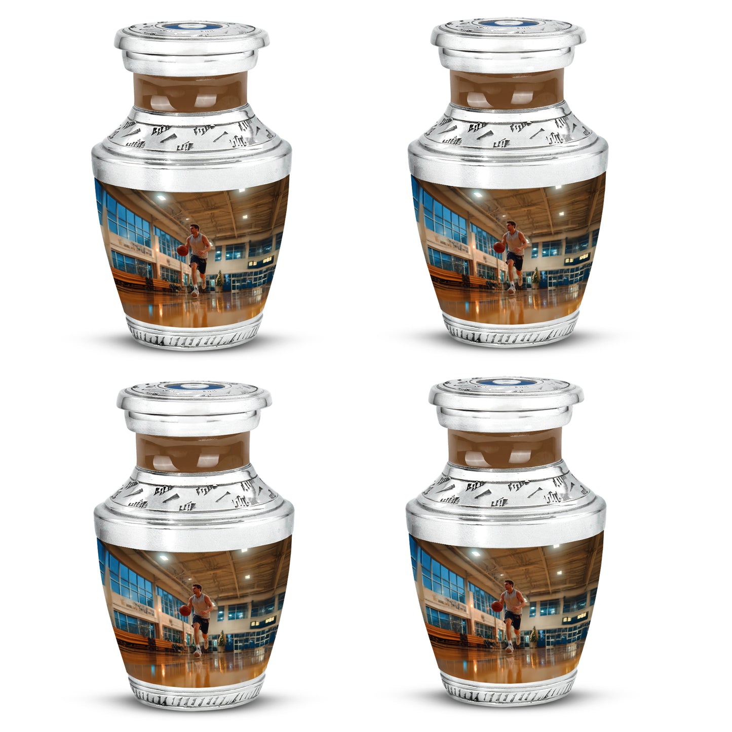 Sunrise Gold Basketball Cremation Urn back view with polished surface - modern art-inspired basketball motif on sleek aluminum - 10 inch aluminum urn for cremated remains