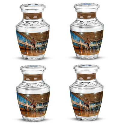Sunrise Gold Basketball Cremation Urn back view with polished surface - modern art-inspired basketball motif on sleek aluminum - 10 inch aluminum urn for cremated remains