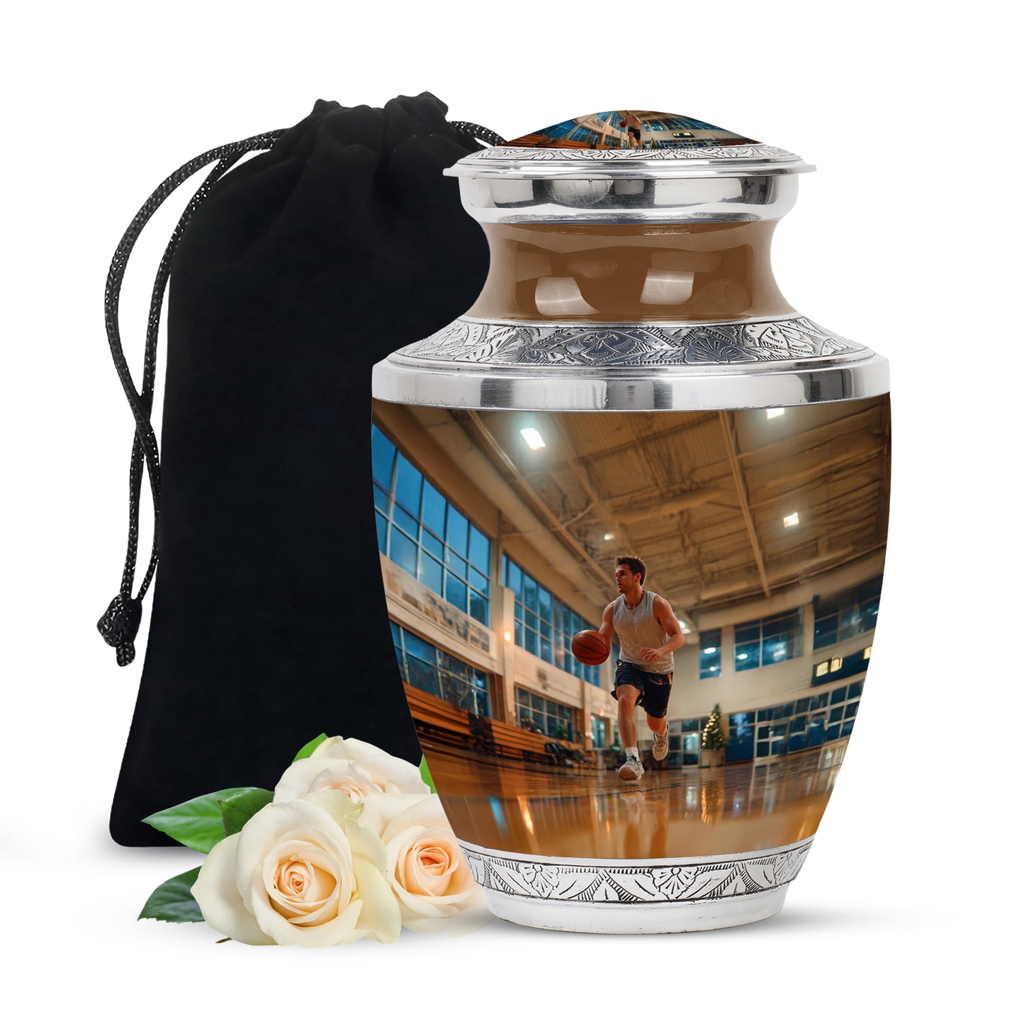 Warm Gold Basketball Cremation Urn side profile showing urn shape - artistic basketball interpretation with creative detail - full-size 10 inch 200 cubic inch adult cremation urn