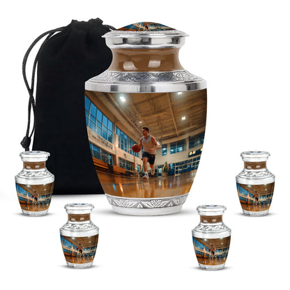 Matte Gold Basketball Cremation Urn lifestyle display on memorial shelf - stylized abstract basketball pattern with bold lines - memorial set with one large and four small urns