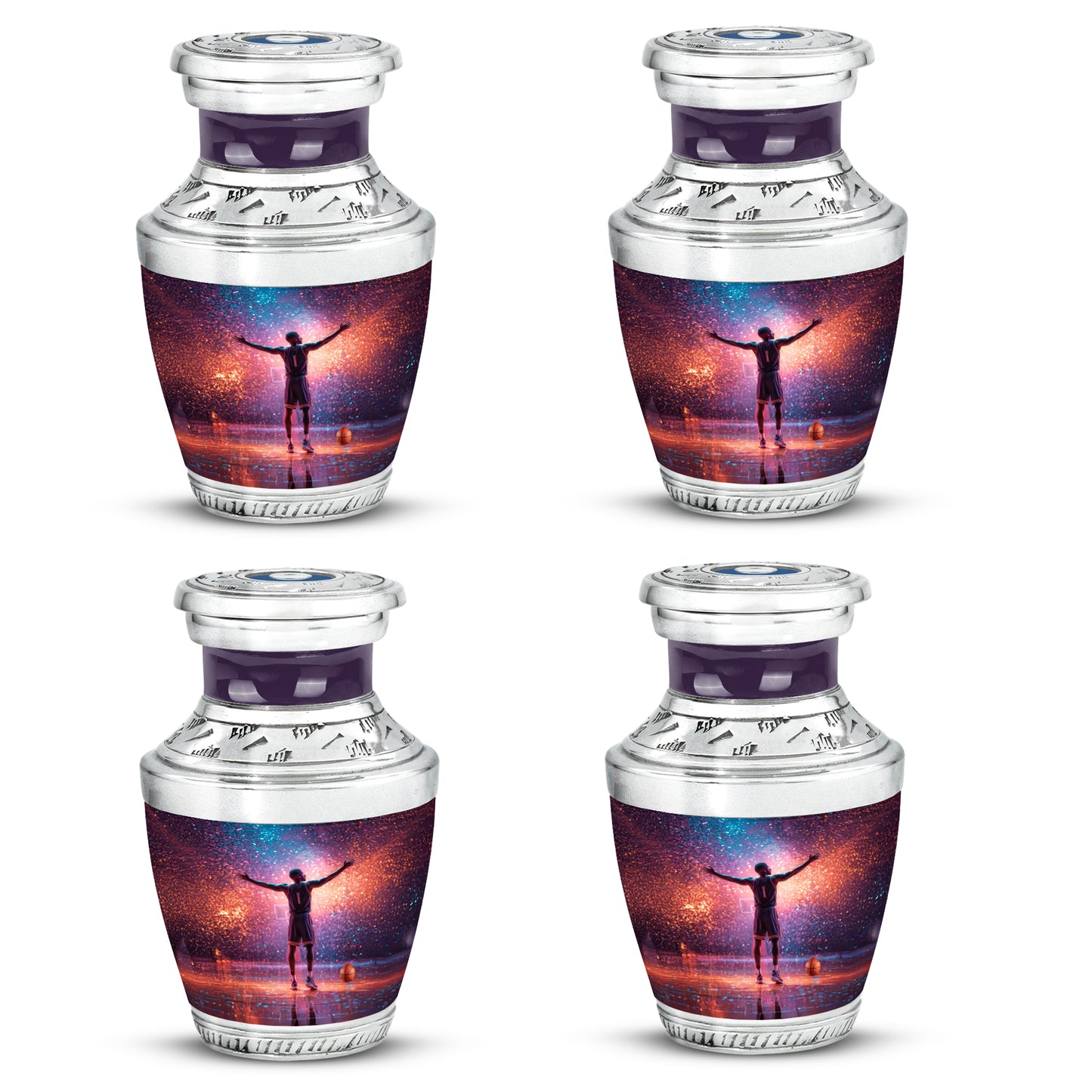 Misty Blue Basketball Cremation Urn back view with polished surface - modern art-inspired basketball motif on sleek aluminum - 10 inch aluminum urn for cremated remains