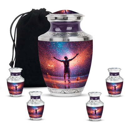 Royal Blue Basketball Cremation Urn lifestyle display on memorial shelf - stylized abstract basketball pattern with bold lines - memorial set with one large and four small urns