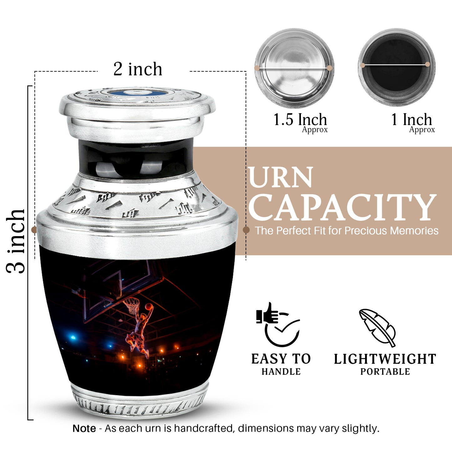 Charcoal Black Basketball Cremation Urn top-down view of secure threaded lid - artistic basketball interpretation with creative detail - mini keepsake memorial for portion of cremation ashes