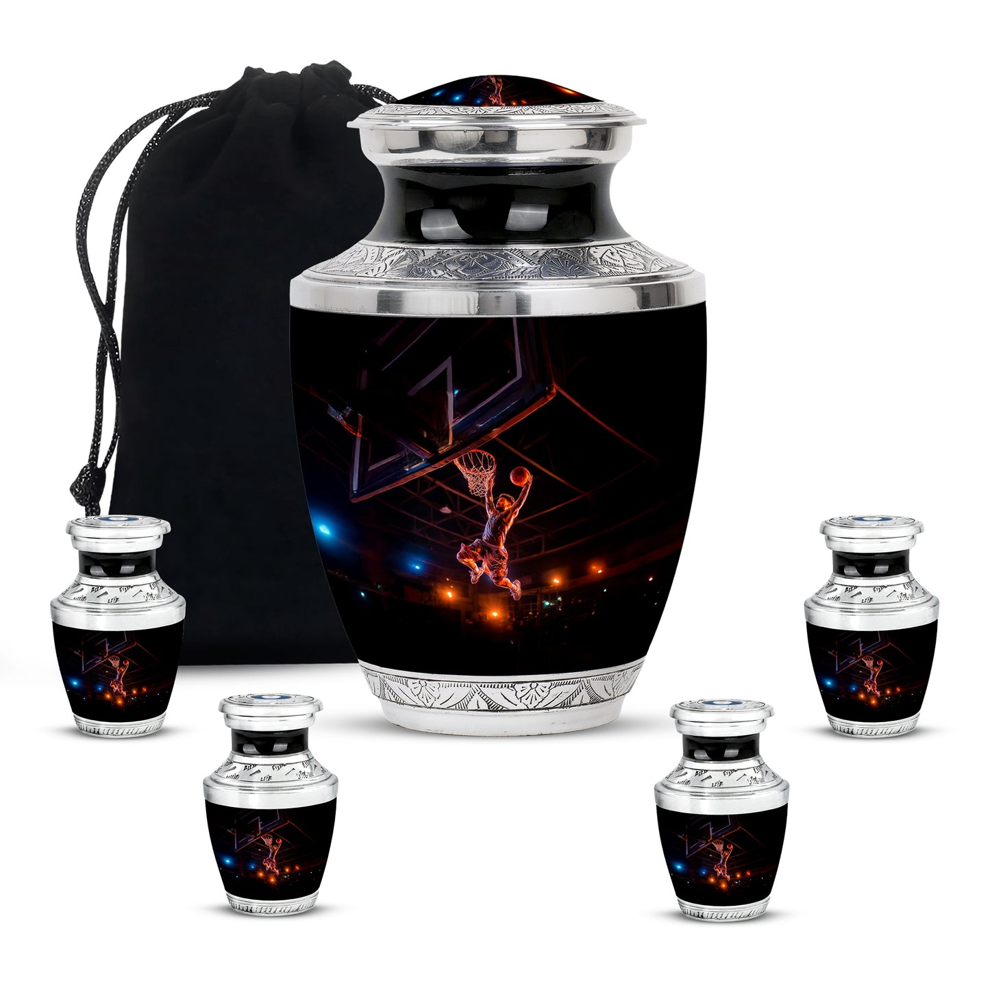 Charcoal Black Basketball Cremation Urn lifestyle display on memorial shelf - artistic basketball interpretation with creative detail - memorial set with one large and four small urns