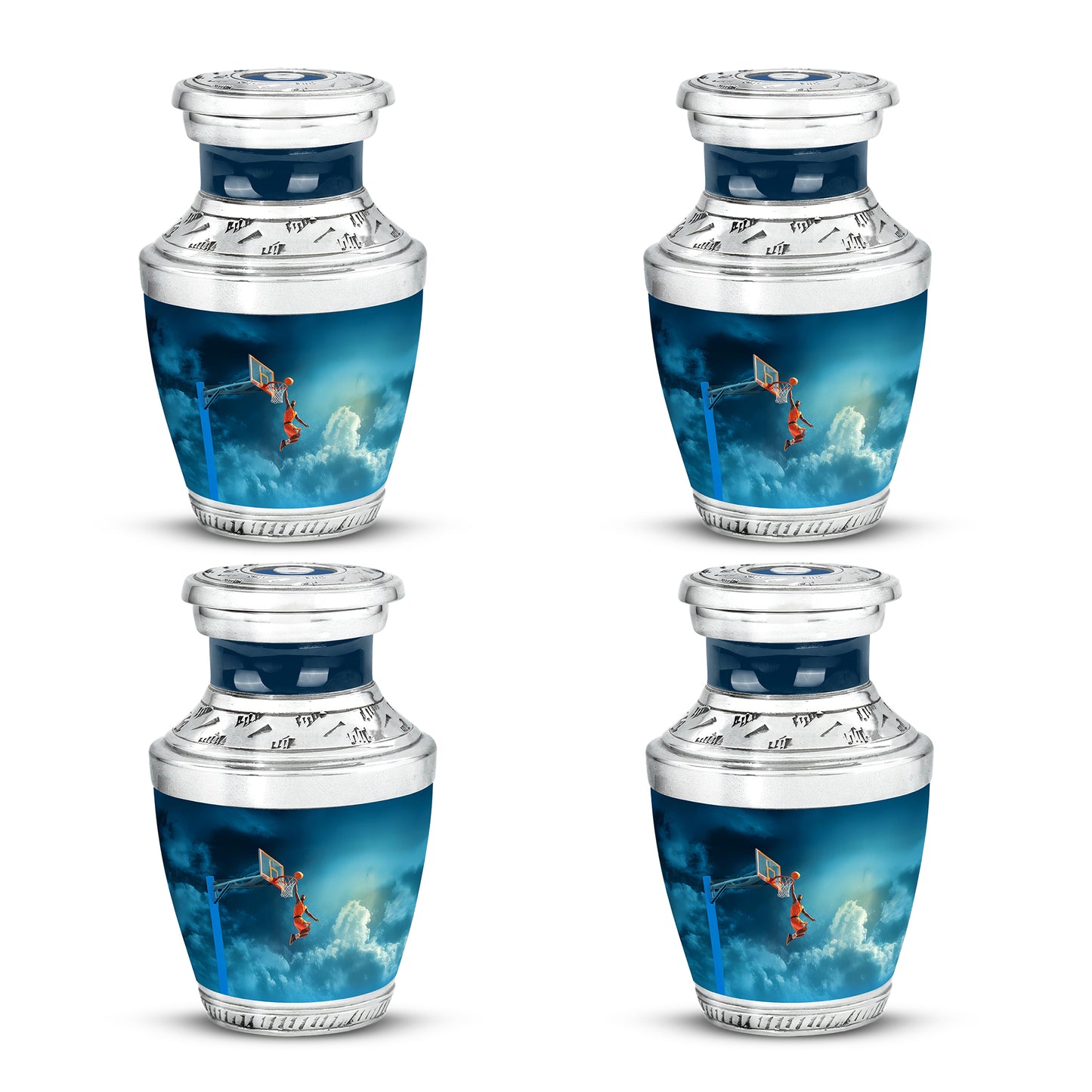 Misty Blue Basketball Cremation Urn back view with polished surface - modern art-inspired basketball motif on sleek aluminum - 10 inch aluminum urn for cremated remains