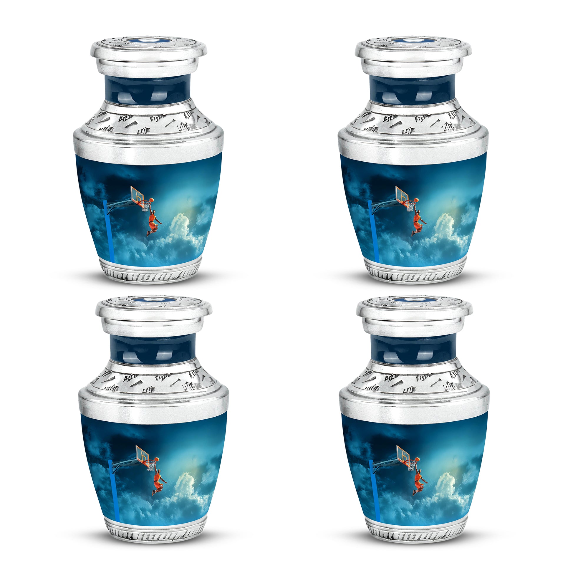 Misty Blue Basketball Cremation Urn back view with polished surface - modern art-inspired basketball motif on sleek aluminum - 10 inch aluminum urn for cremated remains